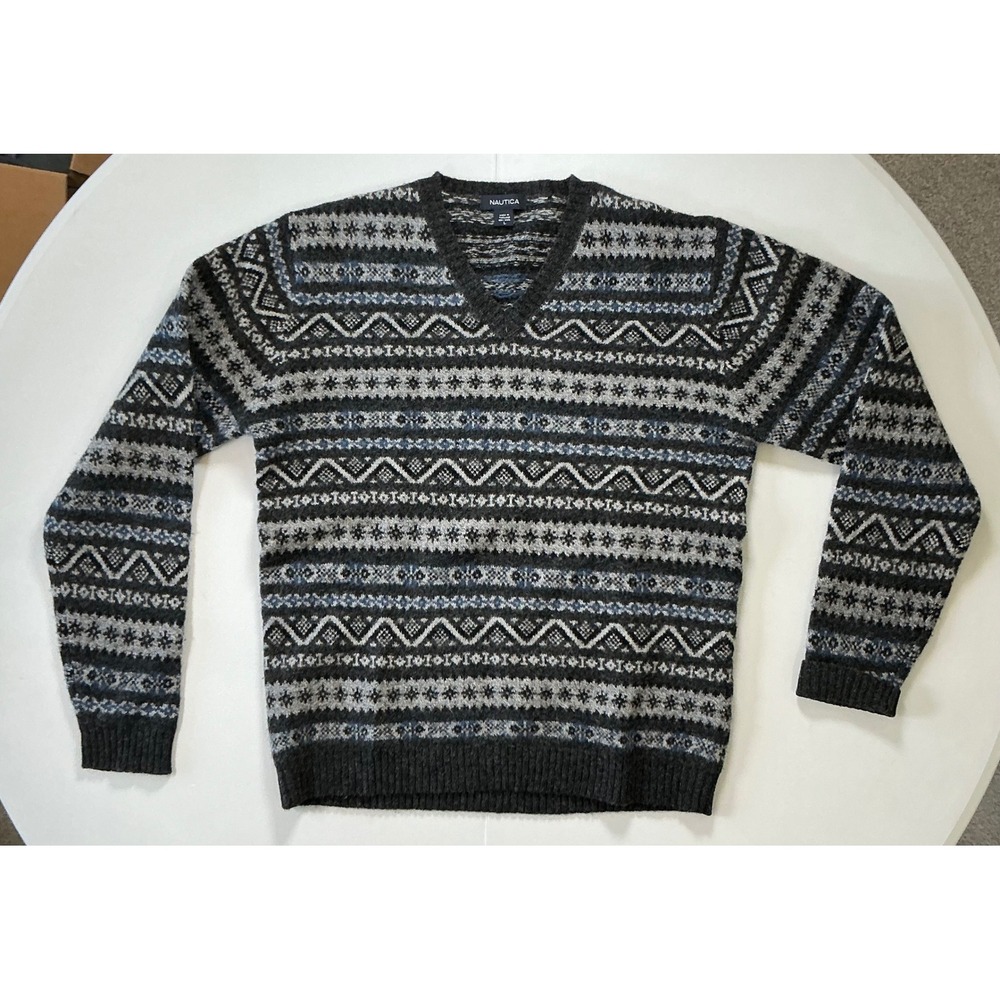 Nautica Wool Winter Wool Sweater Fair Isle Grandpa Christmas V Neck Blue Mens L